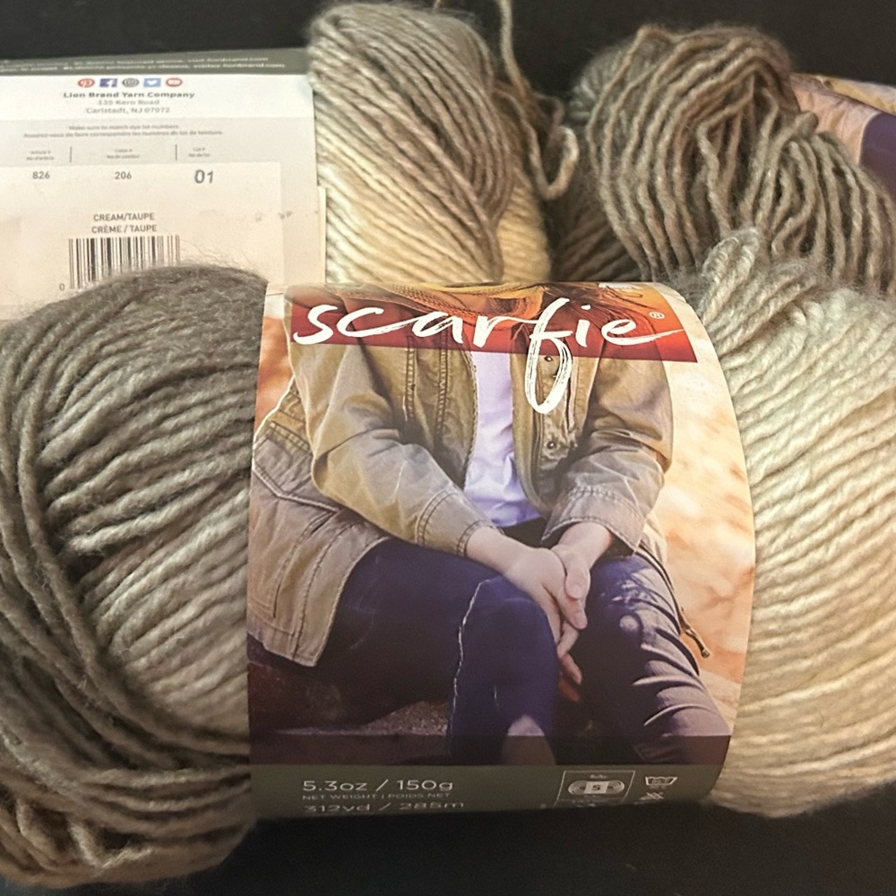 Lion Brand Chunky Scarfie Yarn Bundle - 3 large Skein in Cream/Taupe NEW